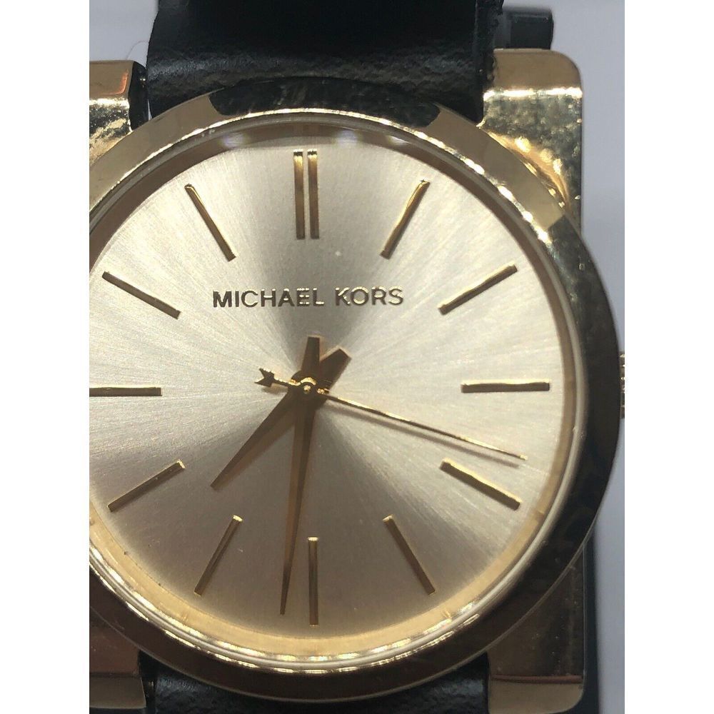 Michael Kors MK3496 Women's Black Leather Analog Gold Dial Quartz Watch Rk245